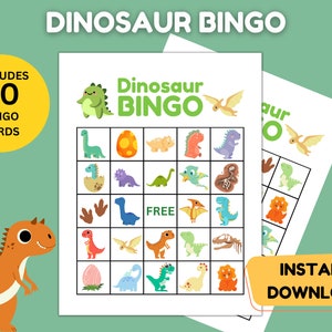 Jogo de bingo para impressão para crianças Atividade de dinossauro Atividade para impressão para crianças Pacote de jogos de cartas de bingo Jogo de festa de dinossauro para download em PDF