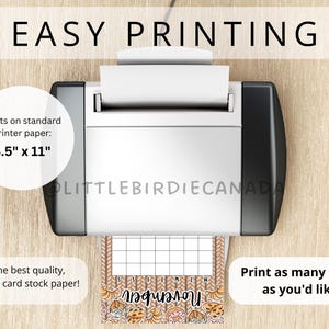 May include: A white printer printing a November calendar page. The image includes the text "EASY PRINTING", "Prints on standard printer paper: 8.5" x 11"", and "Print as many times as you'd like!"