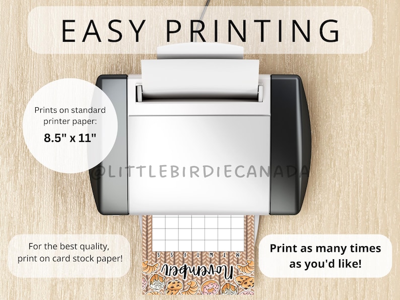 May include: A white printer printing a November calendar page. The image includes the text "EASY PRINTING", "Prints on standard printer paper: 8.5" x 11"", and "Print as many times as you'd like!"
