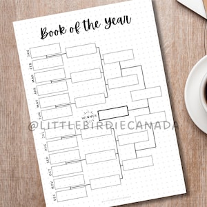 May include: A black and white "Book of the Year" bracket chart on a dotted paper. The chart includes months from January to December. The word "WINNER" is in a box. A cup of coffee and a notebook are in the background.