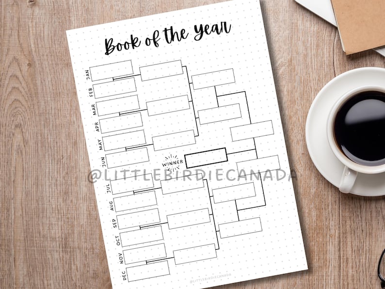 May include: A black and white "Book of the Year" bracket chart on a dotted paper. The chart includes months from January to December. The word "WINNER" is in a box. A cup of coffee and a notebook are in the background.