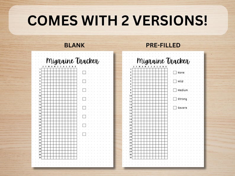 May include: Two versions of a printable migraine tracker. The first version is blank, while the second version has a column for severity levels: None, Mild, Medium, Strong, and Severe.