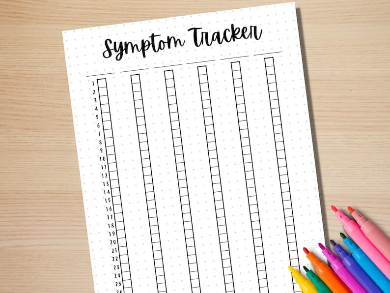 May include: A printable symptom tracker with 26 numbered rows and five columns. The tracker is designed to be used with colored markers or pens.