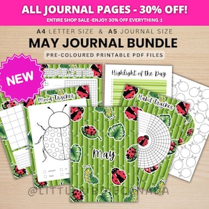 Op de afbeelding: Een bundel van printbare journaalpagina's met een lieveheersbeestjesthema. De pagina's bevatten een mood tracker, habit tracker en highlight of the day. De bundel is verkrijgbaar in A4- en A5-formaten. De tekst op de afbeelding luidt "May Journal Bundle".
