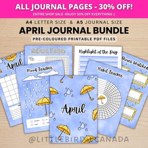 April Journal Bundle - Rain - PRINTABLE Journal Pages - PRE-COLOURED Pages - April Planner - April Agenda - Printable Planner