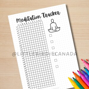 May include: A black and white printable meditation tracker with a grid for 30 days and a check box for each day. The tracker has a simple illustration of a person meditating at the top.