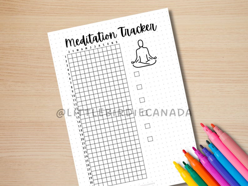 May include: A black and white printable meditation tracker with a grid for 30 days and a check box for each day. The tracker has a simple illustration of a person meditating at the top.