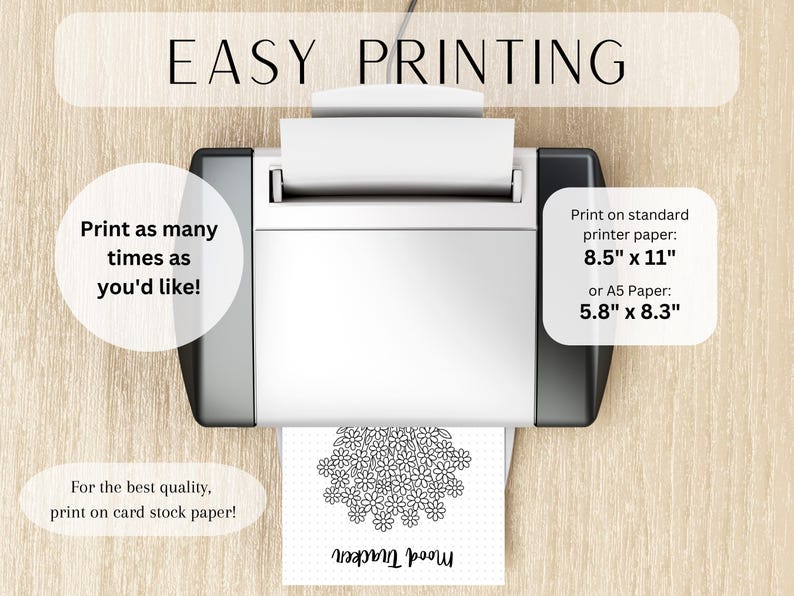 May include: A white printer is shown printing a black and white floral design. The text "EASY PRINTING" is at the top. The image also includes text that says "Print as many times as you'd like!" and "Print on standard printer paper: 21.6 cm x 27.9 cm or A5 Paper: 14.7 cm x 21.1 cm".