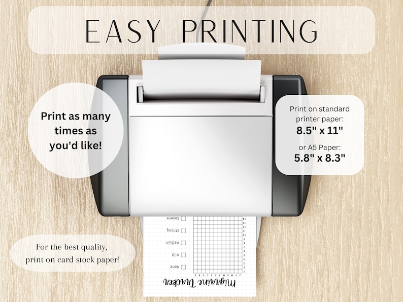 May include: A printer with a sheet of paper in it. The paper has a grid and the text "Habit Tracker" printed on it. The text "Print as many times as you'd like!" is on the left side of the image. The text "Print on standard printer paper: 8.5" x 11" or A5 Paper: 5.8" x 8.3" is on the right side of the image. The text "For the best quality, print on card stock paper!" is at the bottom of the image.