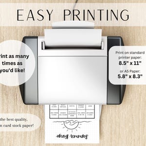 May include: A black and white printable summer bucket list with a sun and waves graphic. The text "Summer Bucket List" is written at the bottom of the page. The image shows a printer with the printable page inside. The text "Print as many times as you'd like!" is written on the left side of the image. The text "Print on standard printer paper: 8.5" x 11" or A5 Paper: 5.8" x 8.3" is written on the right side of the image. The text "For the best quality, print on card stock paper!" is written at the bottom left of the image.
