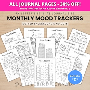 Lot mensuel de trackers d'humeur - lot D - pages de journal imprimables - pages de planificateur numérique - format A5 et A4 - paquet économique