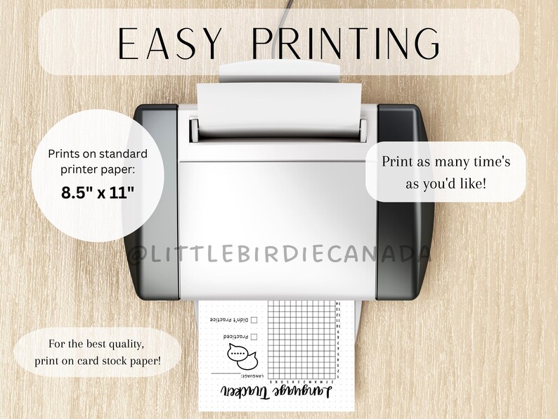 May include: A black and white printable language tracker with a grid and two speech bubbles. The tracker is designed to be printed on standard 8.5" x 11" printer paper or card stock paper.