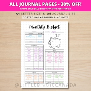 Monthly Budget Tracker - PRINTABLE Journal Page - Planner Page - Budgeting Template - Budgeting Worksheet - Budget Template - Money Tracker