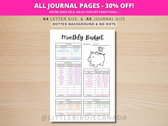 Monthly Budget Tracker - PRINTABLE Journal Page - Planner Page - Budgeting Template - Budgeting Worksheet - Budget Template - Money Tracker