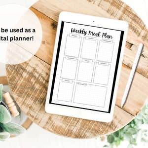 K&ouml;nnte beinhalten: Ein w&ouml;chentlicher Speiseplan auf einem digitalen Tablet mit einem wei&szlig;en Stift. Der Planer hat Abschnitte f&uuml;r jeden Tag der Woche und eine Einkaufsliste.