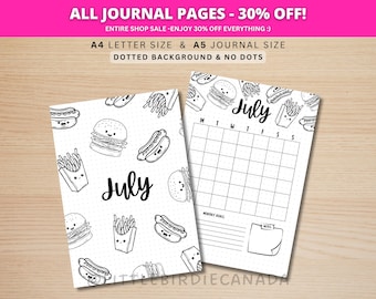 July Title Page - Burger and Fries - July Calendar - PRINTABLE Calendar - Journal Title Page and Calendar Set - Journal Cover Page