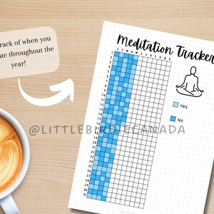 May include: A printable meditation tracker with a grid for each day of the year. The grid is divided into sections for each month. The tracker includes a small illustration of a person meditating and a key with blue and light blue squares representing "yes" and "no" respectively.