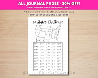 50 Staaten Challenge - DRUCKBARE Journal Seite - Planer Seite - Reise Challenge - USA Reise Checkliste - USA Karte - USA Challenge