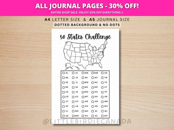 50 States Challenge - PRINTABLE Journal Page - Planner Page - Travel Challenge - USA Travel Checklist - USA Map - United States Challenge