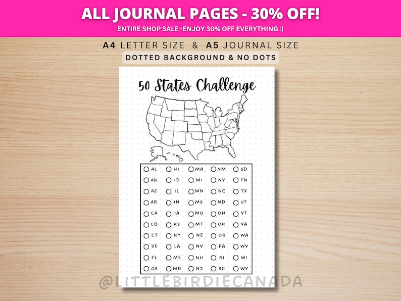 50 States Challenge - PRINTABLE Journal Page - Planner Page - Travel Challenge - USA Travel Checklist - USA Map - United States Challenge image 1