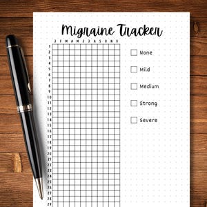 May include: A black and white printable migraine tracker with a grid for each day of the year and a section for severity levels: None, Mild, Medium, Strong, Severe.