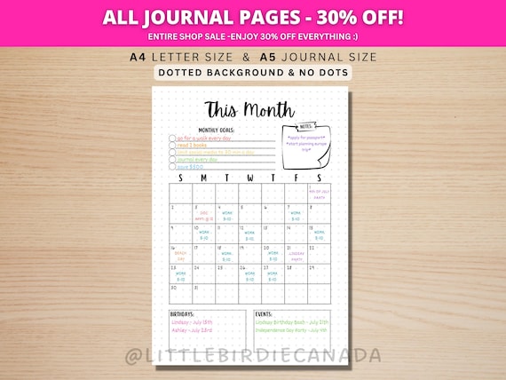 Monthly Planner - Monthly Calendar -PRINTABLE Journal Page - Planner Page - Month At A Glance - Monthly Journal Page - Monthly To Do List
