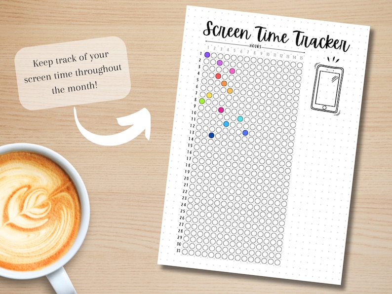 May include: A printable screen time tracker with a grid of circles for each day of the month and hours along the top. The tracker is designed to help people track their daily screen time. The text "Screen Time Tracker" is at the top of the page.