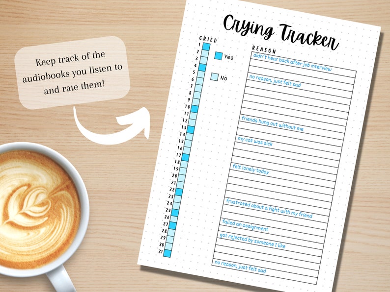 May include: A printable crying tracker with a blue and white color scheme. The tracker has a column for the date and a column for the reason for crying. The tracker is designed to help people track their emotions and identify patterns.
