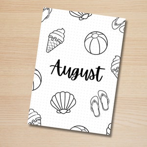 May include: A white printable planner page with a black and white summer theme. The page has a dotted background and features illustrations of ice cream cones, beach balls, flip flops, and seashells. The word "August" is written in black at the top of the page.