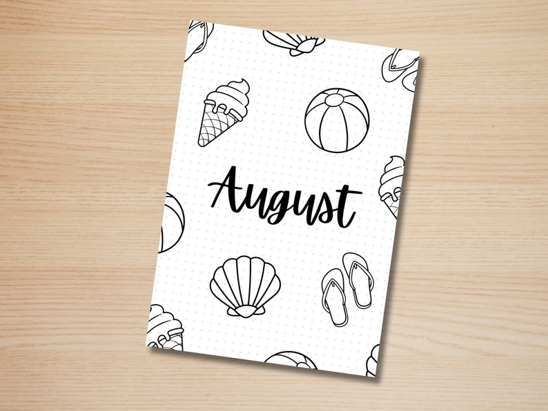 May include: A white printable planner page with a black and white summer theme. The page has a dotted background and features illustrations of ice cream cones, beach balls, flip flops, and seashells. The word "August" is written in black at the top of the page.