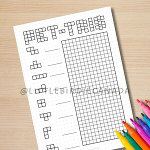 May include: Printable "Tetris" themed worksheet with a grid on the right side and a list of Tetris blocks on the left side. The worksheet is printed on white paper.