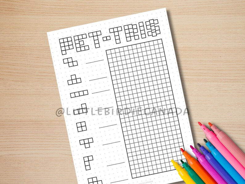 May include: Printable "Tetris" themed worksheet with a grid on the right side and a list of Tetris blocks on the left side. The worksheet is printed on white paper.