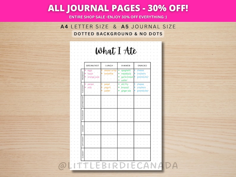 Food Diary - PRINTABLE Journal Page - Planner Page - Printable Food Journal - Printable Food Log - Food Tracker - Meal Tracker - Meal Plan image 1