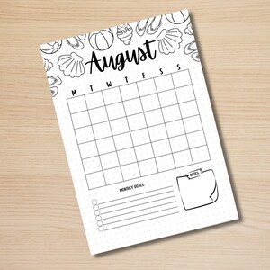 May include: A printable August calendar with a summer theme. The calendar has a black and white illustration of seashells, flip flops, and beach balls. The calendar has space for writing in dates and notes. The text "August" is written in a large, bold font.