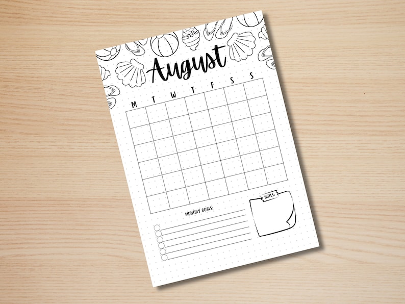 May include: A printable August calendar with a summer theme. The calendar has a black and white illustration of seashells, flip flops, and beach balls. The calendar has space for writing in dates and notes. The text "August" is written in a large, bold font.