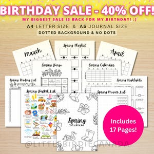 Pacchetto diario di primavera - Planner primaverile stampabile - 17 pagine di diario - Lista dei desideri di primavera - Attività primaverili - Modello di diario di primavera