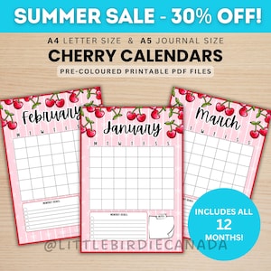 Cherry Calendar Bundle - Journal Calendar Page - PRINTABLE Journal Page - Includes all 12 Months