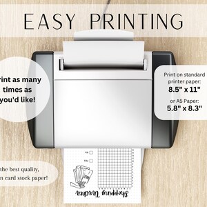 May include: A black and white printable shopping tracker with a grid and a section for writing notes. The text "Shopping Tracker" is written in cursive at the bottom of the page. The image shows a printer with a sheet of paper in it, ready to print. The text "Print on standard printer paper: 8.5" x 11" or A5 Paper: 5.8" x 8.3" is written on the right side of the image.
