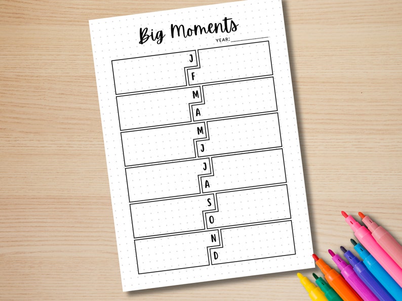 May include: A printable planner page with the title "Big Moments" and a space to write the year. The page is divided into 12 sections, one for each month of the year, with the first letter of each month written vertically down the left side of the page.