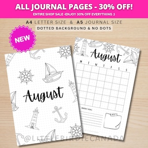 August Title Page and Calendar - PRINTABLE Calendar - Sailing Theme - Journal Title Page - August Cover Page