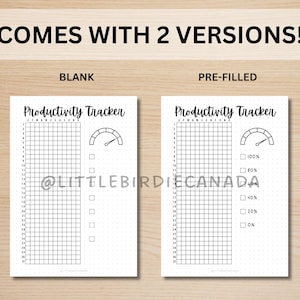 May include: Two versions of a printable productivity tracker. The left side shows a blank tracker with a speedometer graphic. The right side shows a pre-filled tracker with a speedometer graphic and percentage markers.