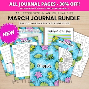 Maart-dagboekbundel - kikkers - AFDRUKBARE dagboekpagina's - VOORGEKLEURDE pagina's - maartplanner - maart-agenda - afdrukbare planner