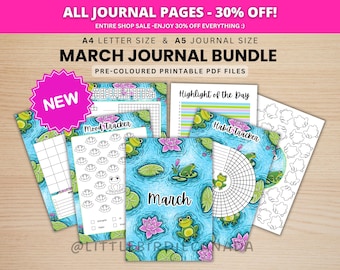 Lot de journaux de mars - grenouilles - pages de journal à imprimer - pages précolorées - agenda de mars - agenda de mars - agenda imprimable