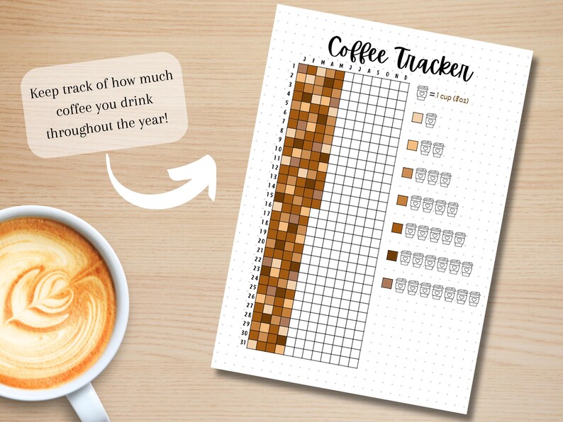 Puede incluir: Un rastreador de caf&eacute; imprimible con una cuadr&iacute;cula para realizar un seguimiento del consumo diario de caf&eacute; para cada mes del a&ntilde;o. La cuadr&iacute;cula est&aacute; llena de cuadrados marrones para representar las tazas de caf&eacute;. Una clave muestra que cada cuadrado representa una taza de caf&eacute; de 8 onzas.