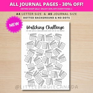 Könnte beinhalten: Eine weiße Journalseite mit gepunktetem Hintergrund zeigt ein "Watching Challenge"-Layout. Das Design umfasst 31 nummerierte Filmklappen-Illustrationen. Der Text oben lautet "ALL JOURNAL PAGES - 30% OFF!" und "A4 LETTER SIZE & A5 JOURNAL SIZE".