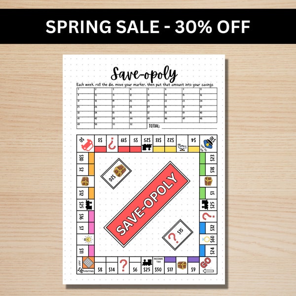 Saveopoly Savings Challenge - A5 Journal Page - PRINTABLE Savings Game - Savings Tracker - Savings Goal - Budgeting Game