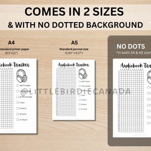 May include: Three white Audiobook Tracker printables in A4 (8.5" x 11") and A5 (5.83" x 8.27") sizes. Each tracker features a grid for tracking listening time and a headphone graphic. Text reads "COMES IN 2 SIZES & WITH NO DOTTED BACKGROUND".