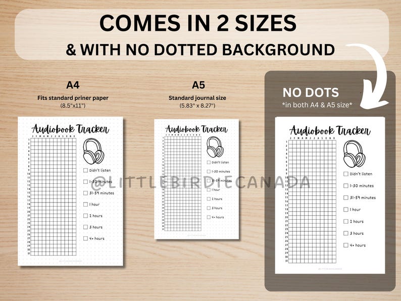 May include: Three white Audiobook Tracker printables in A4 (8.5" x 11") and A5 (5.83" x 8.27") sizes. Each tracker features a grid for tracking listening time and a headphone graphic. Text reads "COMES IN 2 SIZES & WITH NO DOTTED BACKGROUND".