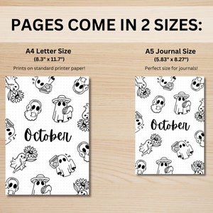 May include: Two printable pages with a black and white illustration of ghosts, flowers, and music players. The text "October" is in the center of each page. The pages are available in two sizes: 8.3 inches by 11.7 inches and 5.83 inches by 8.27 inches.