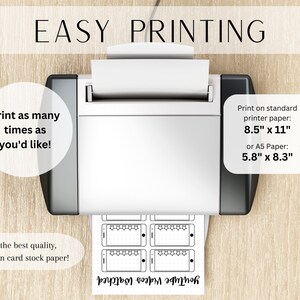May include: A white printer with a sheet of paper coming out of it. The paper has a black and white design of a phone with stars. The text on the paper says "Youtube Videos Watch". The text on the printer says "EASY PRINTING" and "Print as many times as you'd like!" and "For the best quality, print on card stock paper!" The text on the right side of the printer says "Print on standard printer paper: 8.5" x 11" or A5 Paper: 5.8" x 8.3"